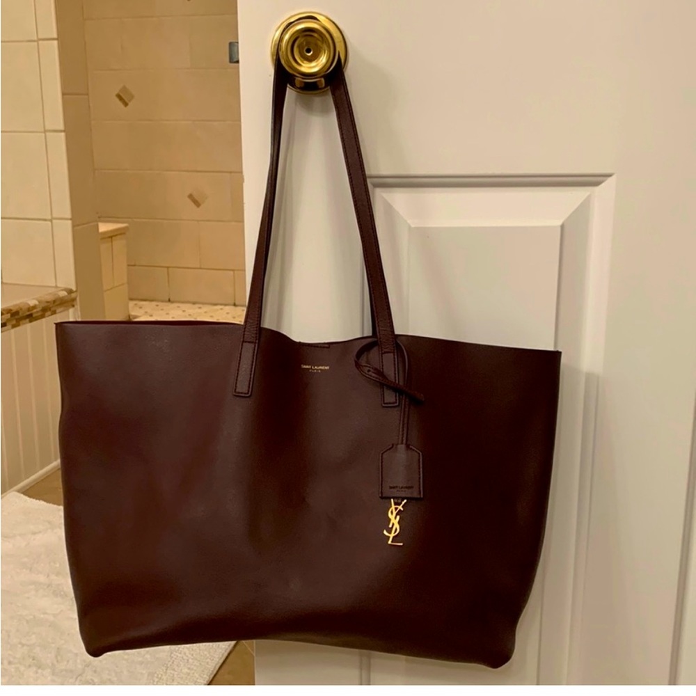 Wine/Burgundy large YSL smooth leather shopping tote